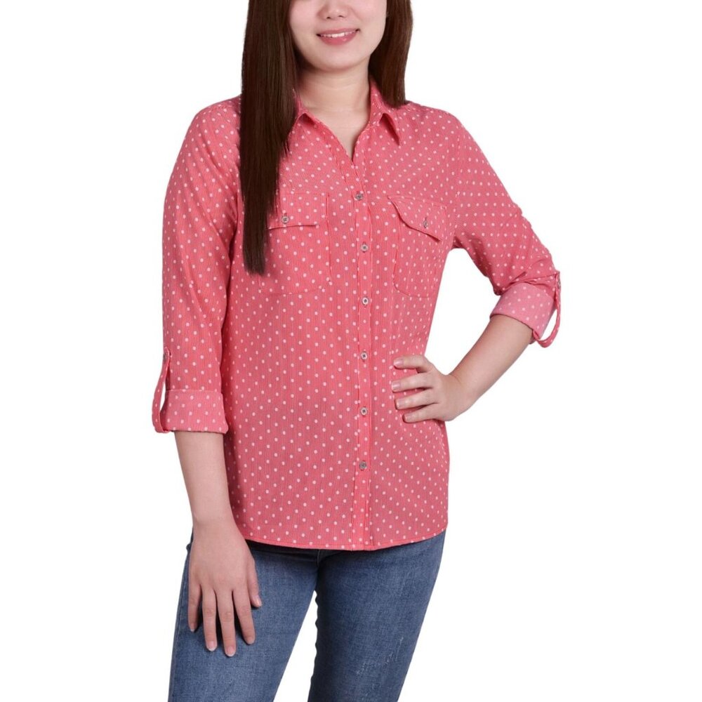 NWT Ny Collection Womens 3/4 Roll Tab Shirt with Pockets Red Multi XL